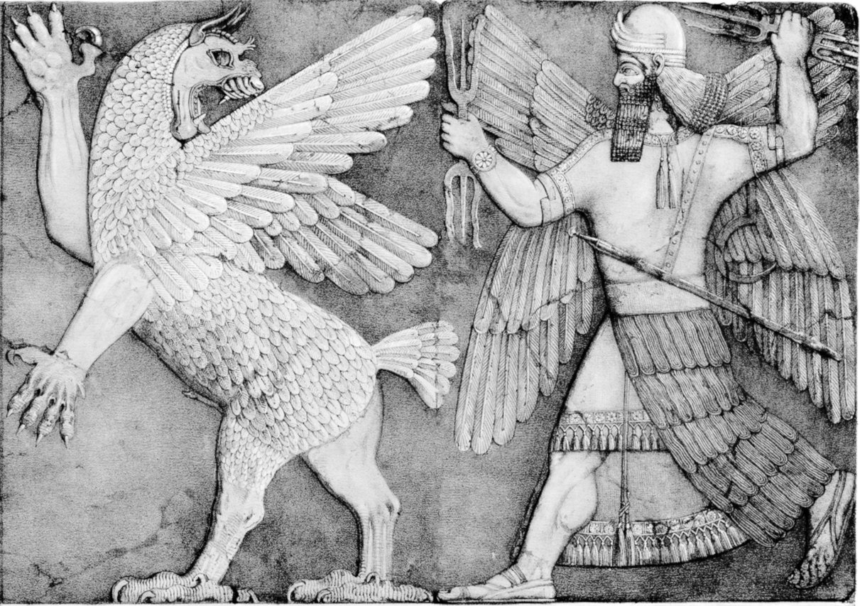 Assyrian relief drawing traditionally identified as Marduk battling Tiamat